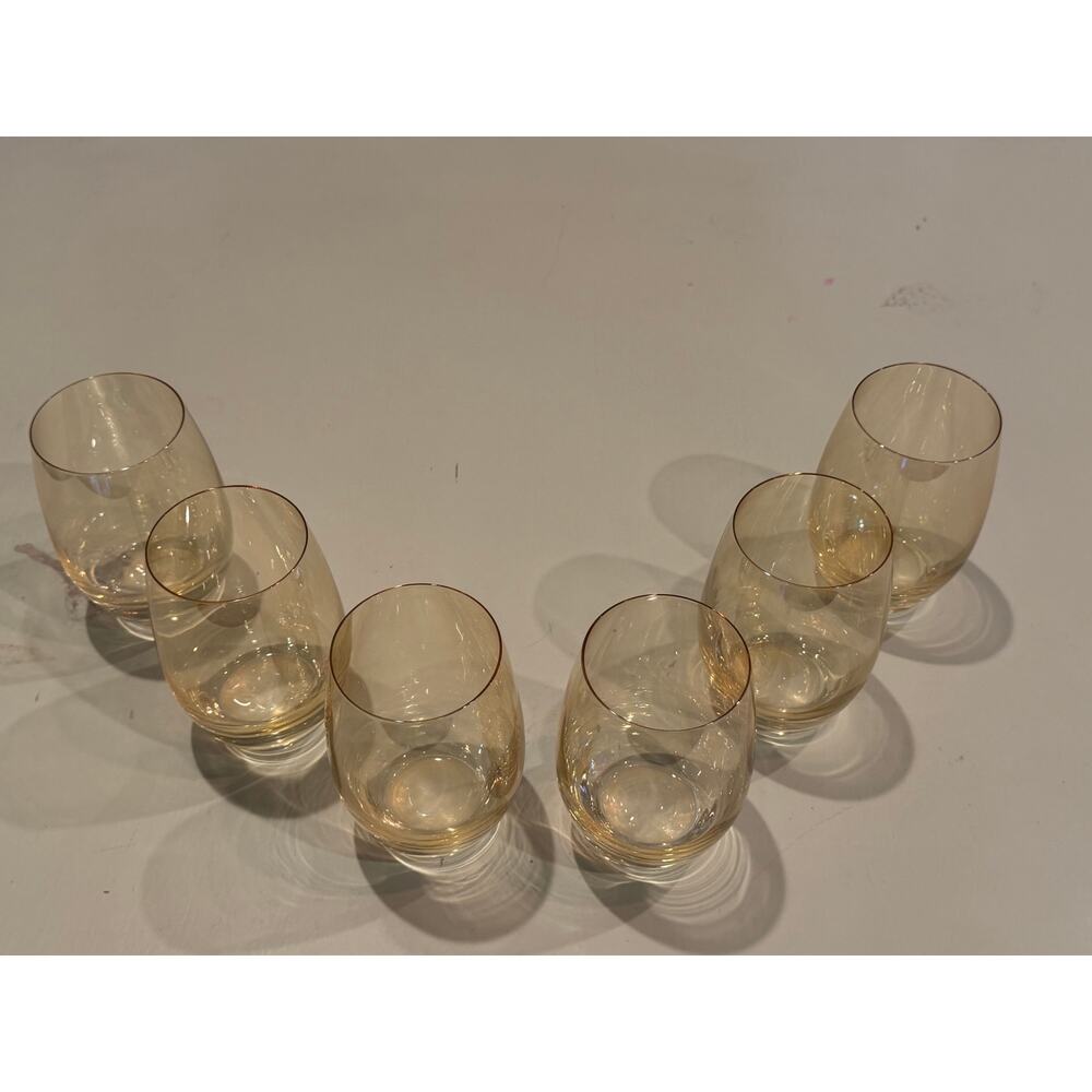 Stemless Wine Glasses Set Of 6 Gold 
Yellow Amber Tinted Thin Rim Glass - Picture 2 of 9